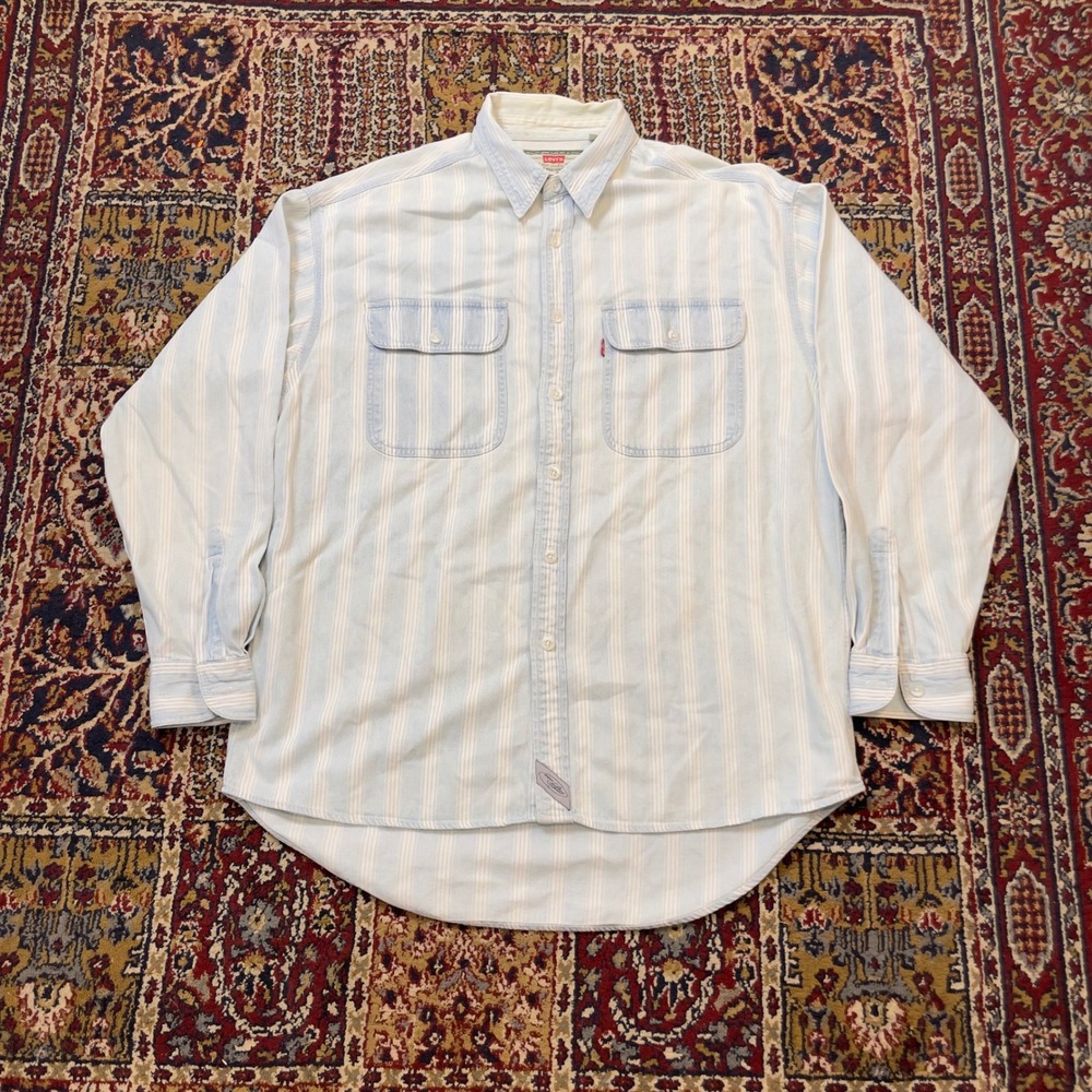 VTG 80s 90s Levis L Hickory Striped Long Sleeve Button Up Flannel Shirt Blue